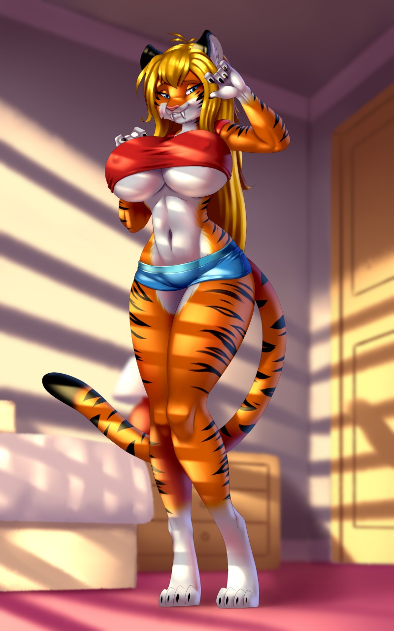 bedroom big_breasts breasts clothed clothing felid female looking_at_viewer mammal nipple_outline pak009 pantherine shirt shorts skimpy smile solo tiger under_boob