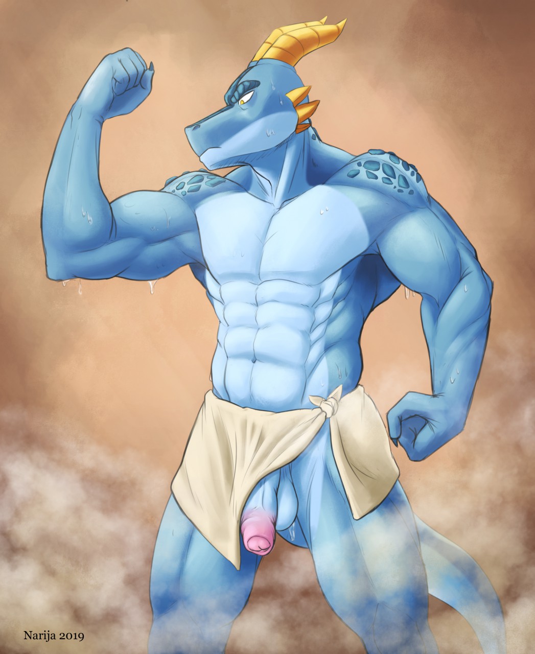 abs anthro balls dragon humanoid_penis male muscular muscular_male narija nude penis scalie solo steam uncut