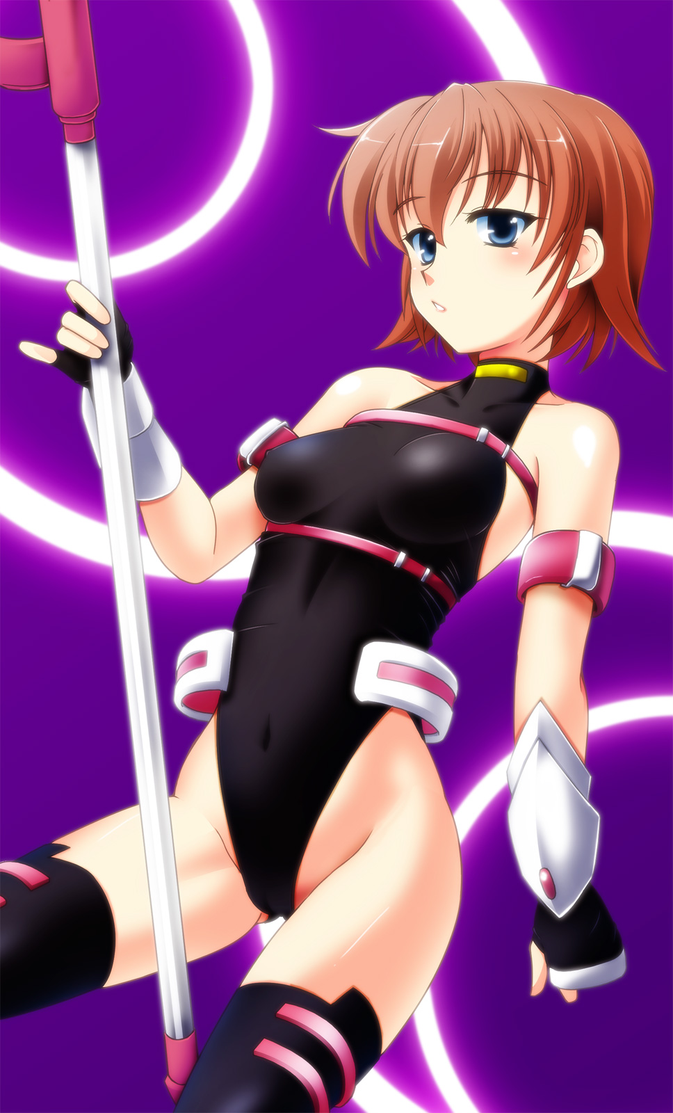 arm_strap bare_shoulders blue_eyes blush brown_hair cameltoe covered_navel fingerless_gloves gauntlets gloves glowing hakkai highres leotard lips luciferion lyrical_nanoha mahou_shoujo_lyrical_nanoha mahou_shoujo_lyrical_nanoha_a's mahou_shoujo_lyrical_nanoha_a's_portable:_the_battle_of_aces material-s short_hair solo staff thighhighs