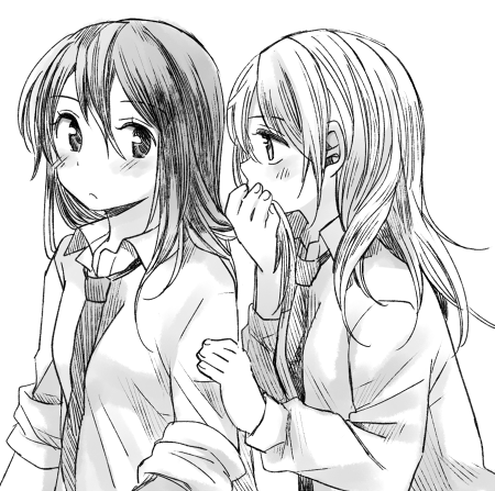 :o black_hair blush collared_shirt covering_mouth dress_shirt greyscale hachiko_(hati12) long_hair long_sleeves looking_back lowres monochrome multiple_girls necktie original parted_lips school_uniform shirt simple_background sketch sleeves_rolled_up smelling_hair white_background