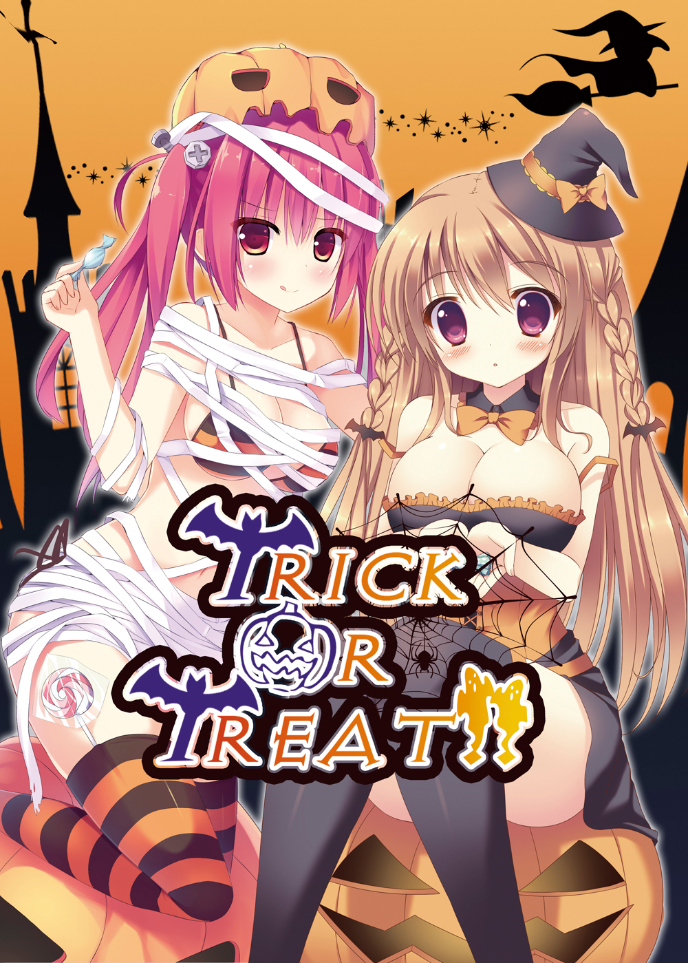 :p bandages bikini braid breasts broom broom_riding brown_hair candy cleavage food halloween hat highres jack-o'-lantern large_breasts lollipop long_hair medium_breasts megarisu multiple_girls original outstretched_hand pink_hair pumpkin purple_eyes red_eyes silhouette silk smile spider_web striped striped_bikini striped_legwear striped_swimsuit swimsuit thighhighs tongue tongue_out trick_or_treat twin_braids twintails witch witch_hat