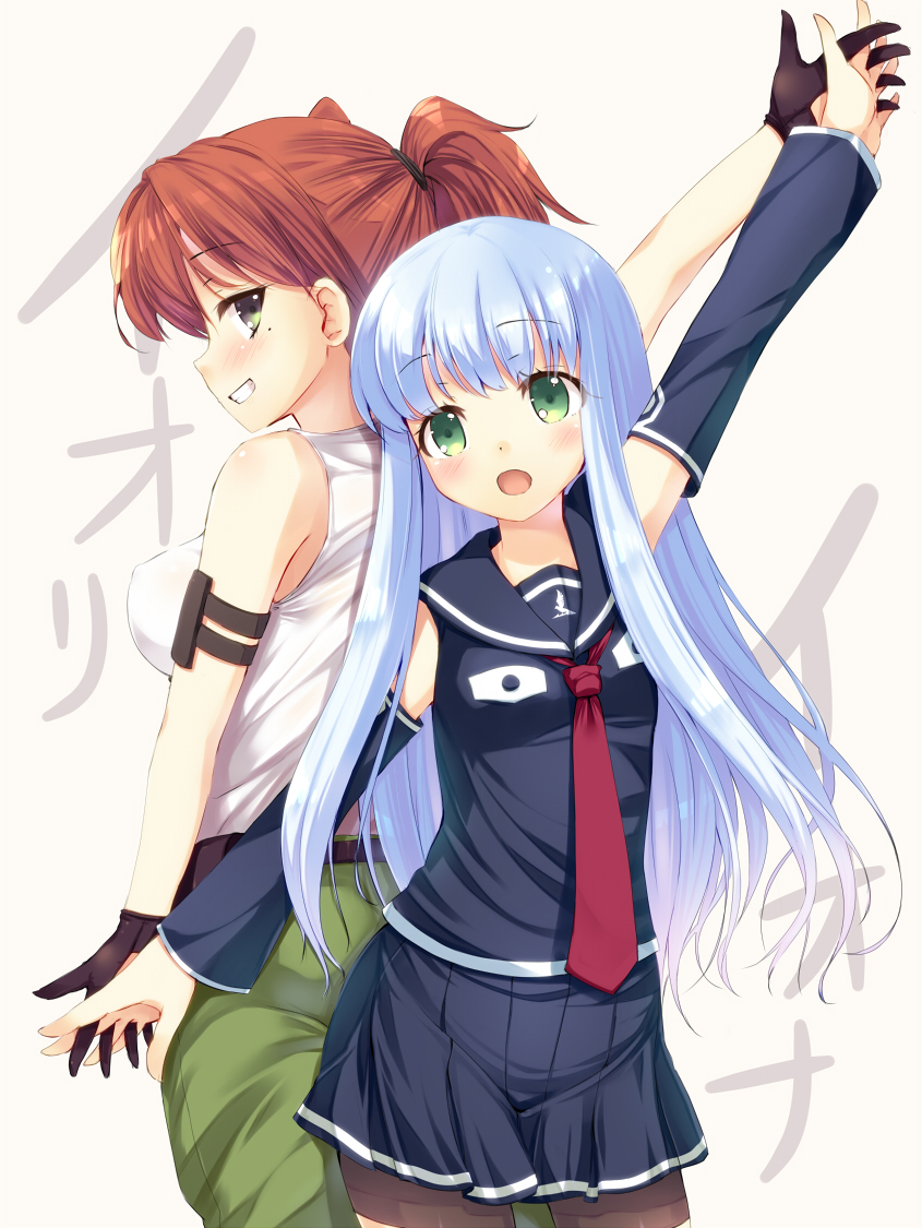 aoki_hagane_no_arpeggio arm_strap back-to-back bad_id bad_pixiv_id bike_shorts blue_hair blush brown_hair detached_sleeves gloves green_eyes grin hair_tie holding_hands iona komone_ushio long_hair looking_back mole multiple_girls necktie open_mouth outstretched_arms personification shirt shorts shorts_under_skirt skirt sleeveless sleeveless_shirt smile twintails watanuki_iori white_background