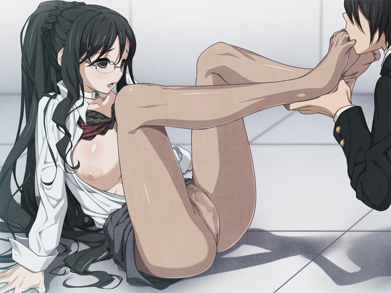 1boy 1girl artist_request black_eyes black_hair breasts character_request clockup euphoria euphoria_(clockup) feet foot_licking foot_worship game_cg glasses hamashima_shigeo holding_another's_foot holding_another's_foot huge_breasts licking natsuki_aoi no_shoes pantyhose toes
