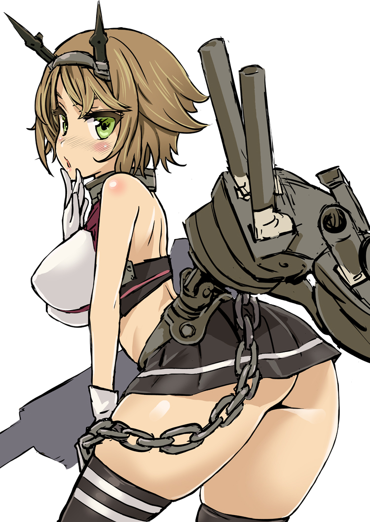 arched_back asanagi ass black_legwear blush brown_hair cannon flat_ass gloves green_eyes hand_to_own_mouth headgear hips kantai_collection leaning_forward looking_at_viewer miniskirt mutsu_(kantai_collection) short_hair sketch skirt solo thighhighs thighs turret white_gloves