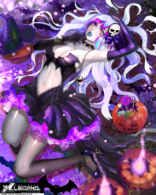 candy dress fishnets food halloween hat jack-o'-lantern lollipop multicolored_hair pantyhose purple_hair solo two-tone_hair vampire weed_(astarone) white_hair witch_hat x_legend