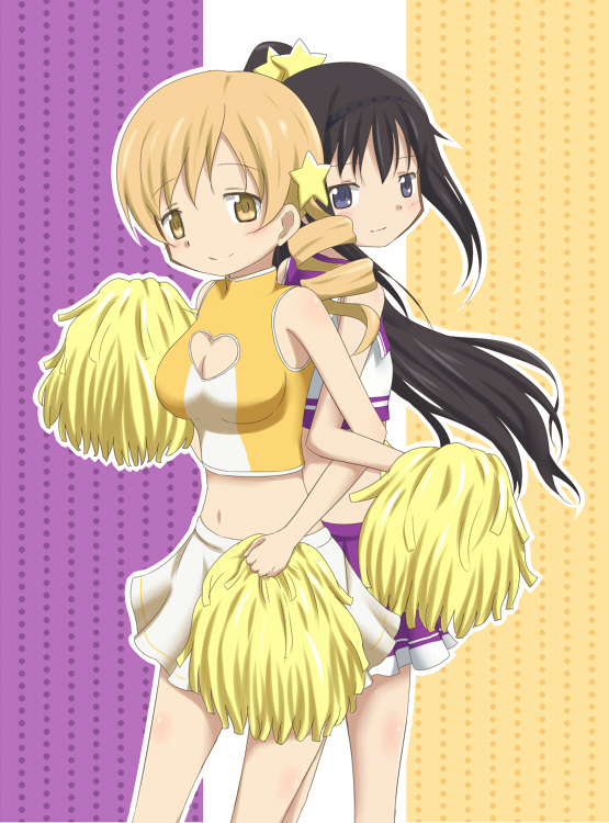 akemi_homura black_hair blonde_hair blush breasts cheerleader cleavage cleavage_cutout crop_top drill_hair flat_chest heart_cutout lieass locked_arms long_hair looking_back mahou_shoujo_madoka_magica midriff multiple_girls navel pom_poms ponytail tomoe_mami twin_drills twintails