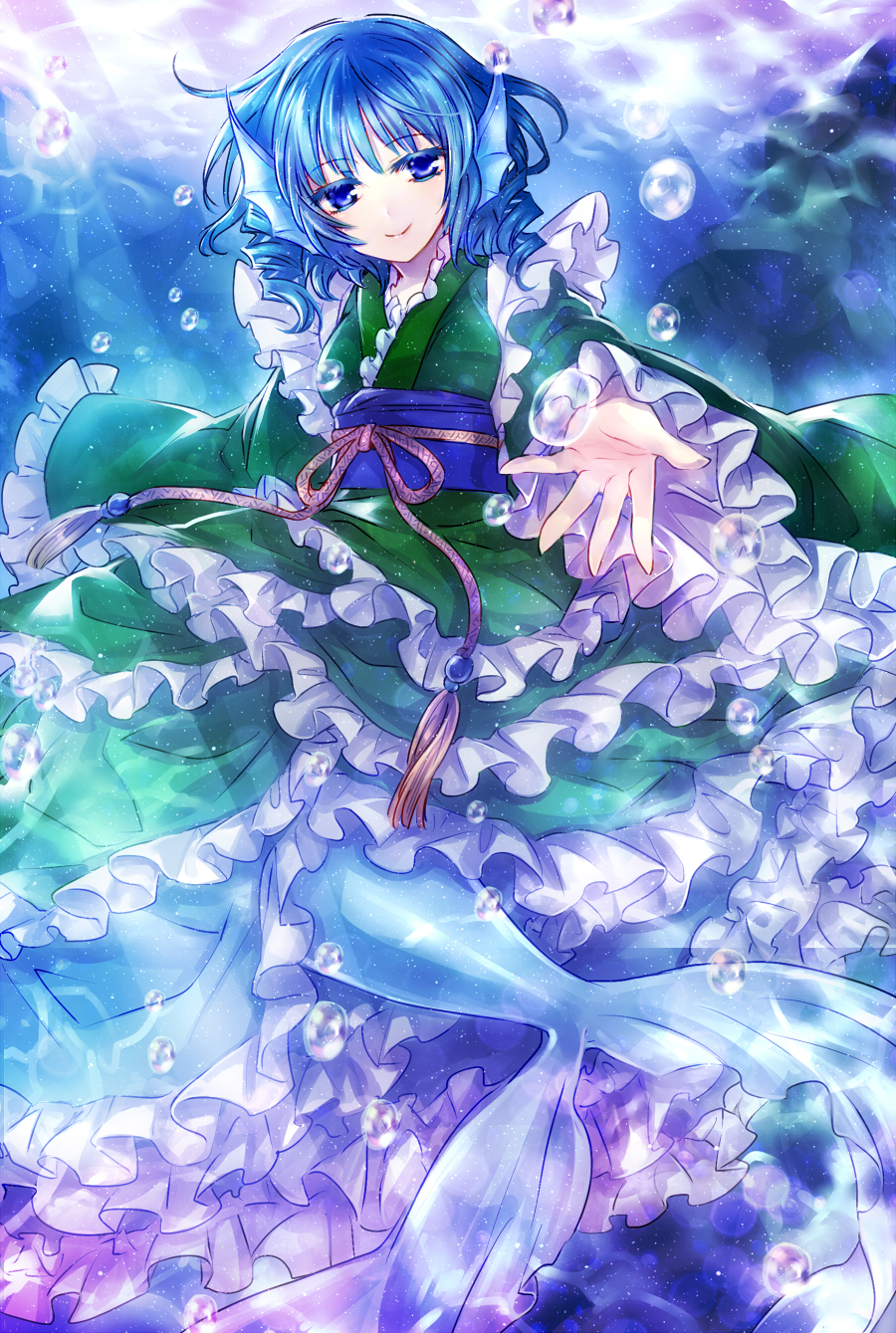 blue_eyes blue_hair bubble head_fins highres japanese_clothes kimono long_sleeves looking_at_viewer mermaid monster_girl neme obi outstretched_arm outstretched_hand sash smile solo touhou underwater wakasagihime wide_sleeves