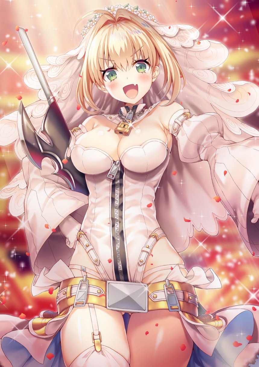 1girl :d aestus_estus ahoge asymmetrical_legwear bangs blonde_hair blurry blurry_background blush breasts chains cleavage commentary_request depth_of_field detached_sleeves eyebrows_visible_through_hair fang fate/extra fate/extra_ccc fate_(series) garter_straps gloves green_eyes hair_between_eyes hair_intakes hand_on_hip highleg highleg_leotard highres ichigo_seika juliet_sleeves large_breasts leotard lock long_sleeves nero_claudius_(bride)_(fate) nero_claudius_(fate)_(all) open_mouth padlock petals puffy_sleeves sidelocks single_thighhigh sleeves_past_wrists smile solo sparkle thighhighs veil white_footwear white_gloves white_legwear white_leotard white_sleeves wide_sleeves
