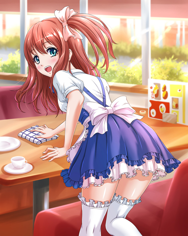 :d alternate_color anna_miller apron arm_support bad_id bad_pixiv_id bangs blue_eyes bow breasts brown_hair chaki-yam cup eyebrows_visible_through_hair frilled_legwear hair_ornament hair_scrunchie indoors leaning_forward looking_at_viewer looking_back menu open_mouth original plate restaurant saucer scrunchie short_sleeves side_ponytail small_breasts smile solo table teeth thighhighs towel waitress white_legwear window wiping