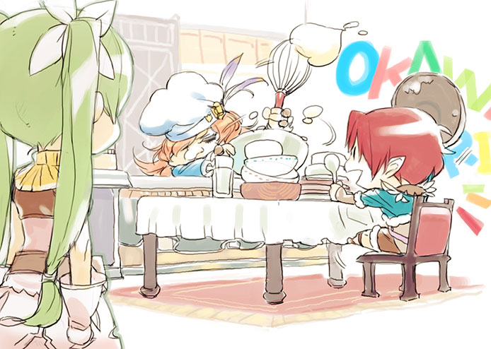 2boys :d akiyoshi_haru blonde_hair bowl chair chef chef_hat chibi closed_eyes cooking cup doug_(rune_factory) dwarf feathers fingerless_gloves food frey_(rune_factory) from_behind fur_trim glass gloves hair_over_one_eye hat hat_feather legs_up long_hair multiple_boys open_mouth pointy_ears porcoline_de_sainte-coquille red_hair rune_factory rune_factory_4 shorts sitting sleeveless smile spoon table twintails whisk