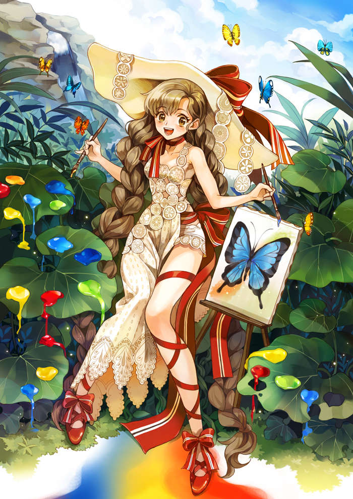 :d art_brush braid brown_eyes brown_hair bug butterfly canvas_(object) cross-laced_footwear dress easel hat insect inzup leaf long_hair looking_at_viewer open_mouth original paint paintbrush ribbon shoes smile solo twin_braids very_long_hair