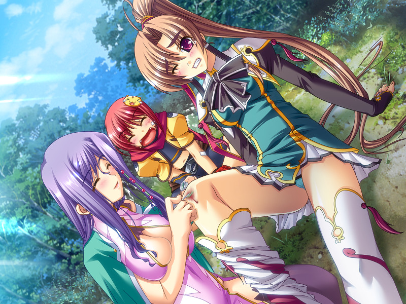 3girls ^_^ bachou breasts brown_hair dress eyes_closed female game_cg happy injury jewelry katagiri_hinata koihime_musou kouchuu large_breasts long_hair multiple_girls ponytail rinrin wince