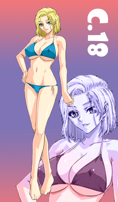 android_18 barefoot bikini blonde_hair blue_eyes breasts dragon_ball dragonball_z kagami photoshop solo swimsuit