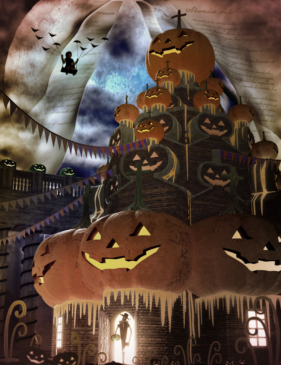 flying halloween highres jack-o'-lantern original silhouette swing