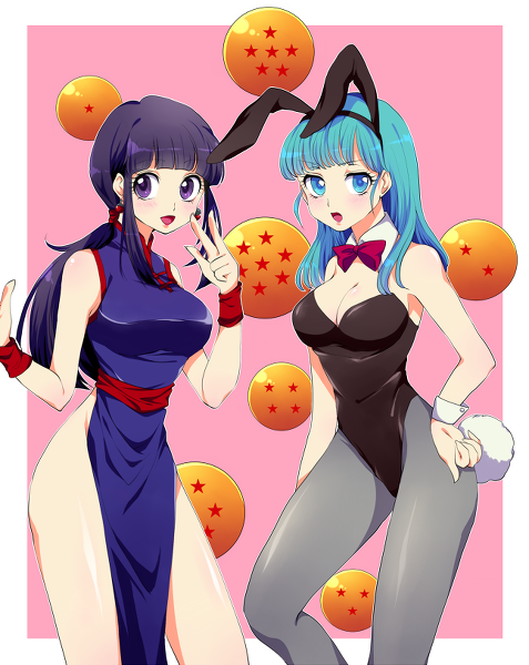 :d animal_ears armband bangs black_hair blue_eyes blue_hair blush bow bowtie breasts bulma bunny_ears bunnysuit chi-chi_(dragon_ball) china_dress chinese_clothes cleavage detached_collar dragon_ball dragon_ball_(classic) dress earrings hair_ornament image_sample jewelry large_breasts leotard maruta_(shummylass) mature md5_mismatch multiple_girls open_mouth pantyhose pink_background pixiv_sample ponytail purple_eyes resized smile wrist_cuffs