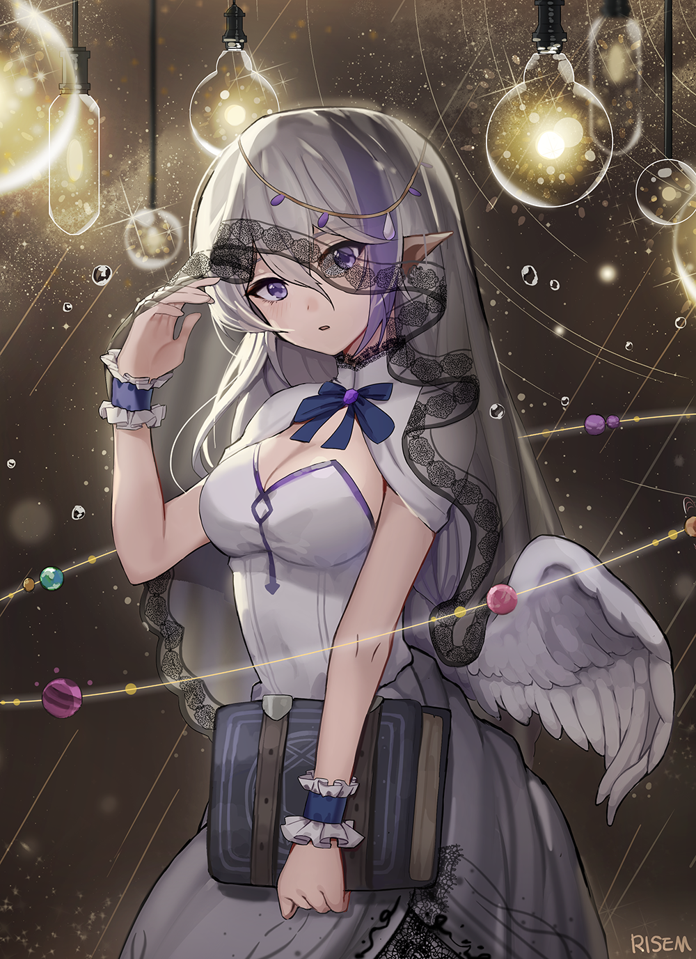 1girl artist_name blue_eyes book breasts cleavage cleavage_cutout dress grey_background grey_hair hand_up highres holding holding_book light_bulb long_hair looking_at_viewer multicolored_hair original pointy_ears risem standing streaked_hair veil very_long_hair white_dress white_wings wings wrist_cuffs