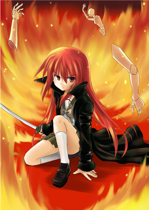 fire long_hair okitakung red_eyes red_hair shakugan_no_shana shana skirt sword very_long_hair weapon