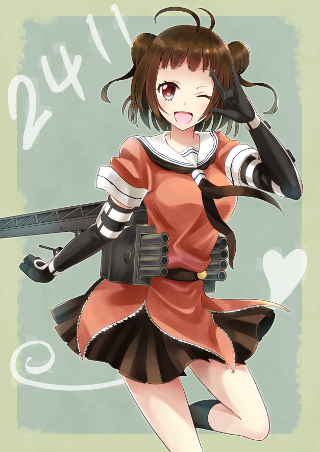2_fuel_4_ammo_11_steel ;d \m/ antenna_hair bangs blunt_bangs brown_eyes brown_hair double_bun elbow_gloves gloves kantai_collection meet naka_(kantai_collection) one_eye_closed open_mouth pleated_skirt sailor_collar skirt smile solo
