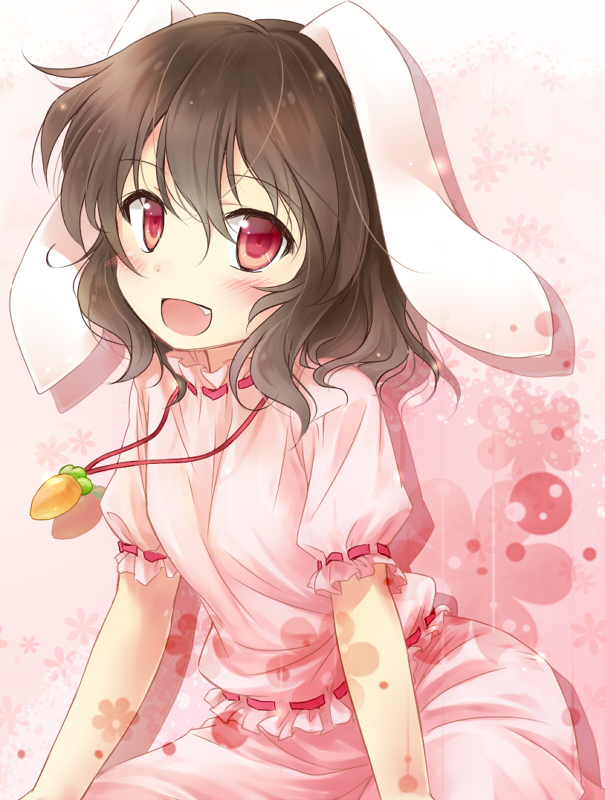 :d animal_ears brown_hair bunny_ears carrot fang floral_background gradient gradient_background inaba_tewi jewelry looking_at_viewer open_mouth pendant puffy_short_sleeves puffy_sleeves red_eyes ribbon-trimmed_clothes ribbon-trimmed_collar ribbon-trimmed_sleeves ribbon_trim roino short_hair short_sleeves skirt skirt_set smile solo touhou