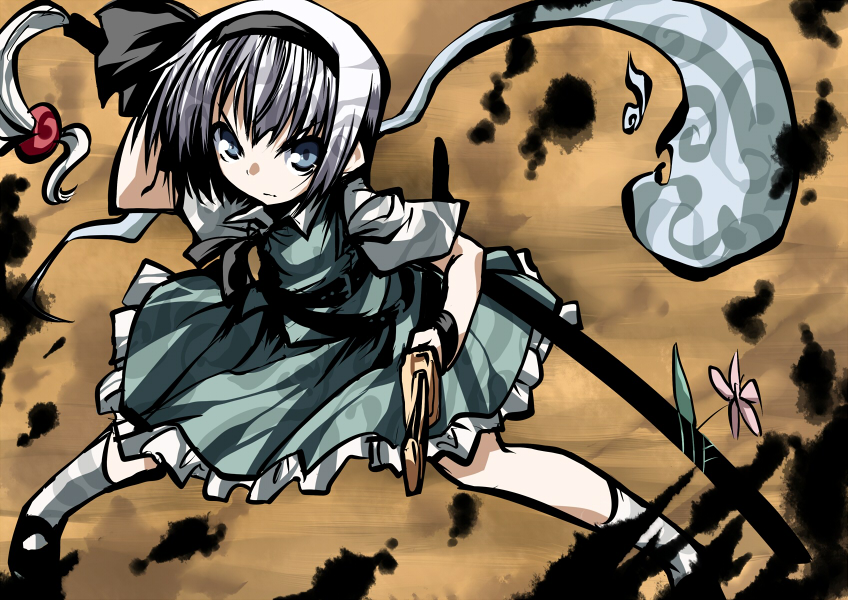 black_hairband blue_eyes hairband hemogurobin_a1c hitodama konpaku_youmu konpaku_youmu_(ghost) looking_at_viewer short_hair silver_hair solo sword touhou weapon