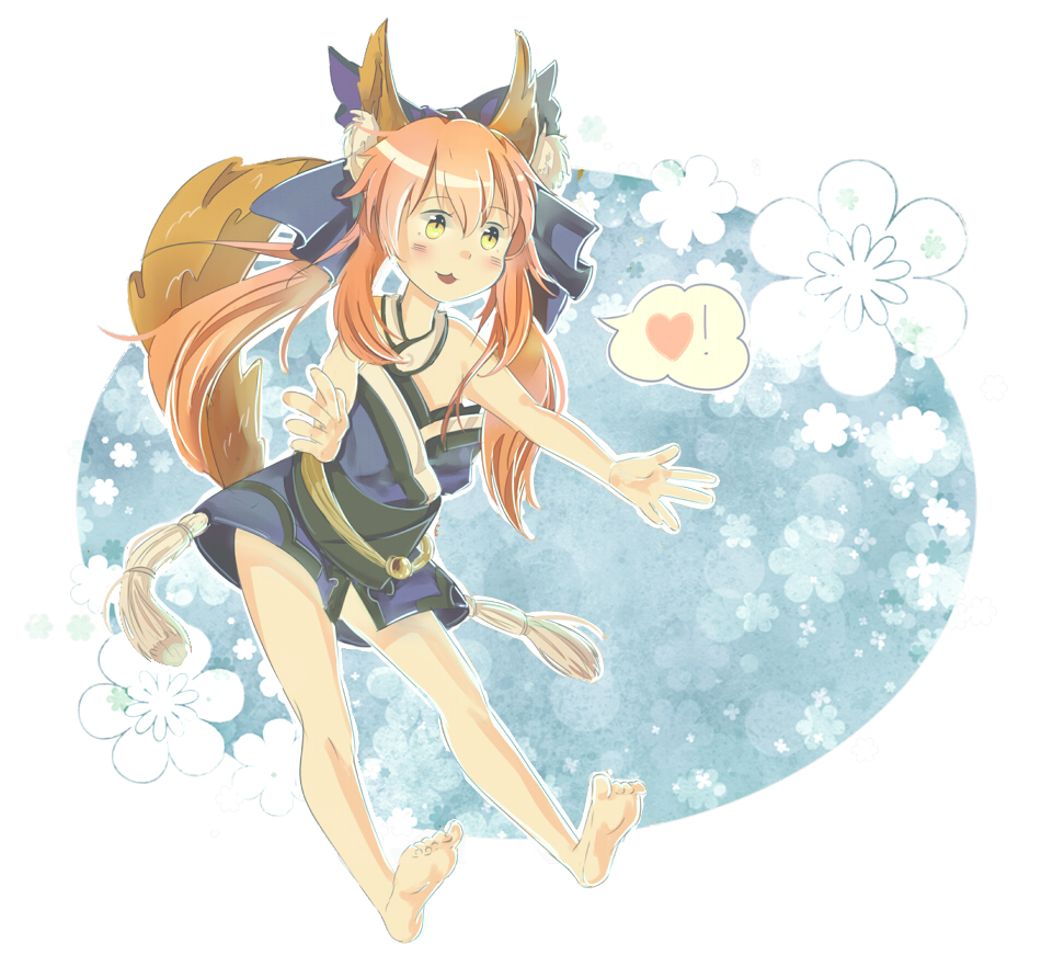 age_regression animal_ears bad_id bad_pixiv_id bare_shoulders barefoot blush fate/extra fate_(series) fox_ears fox_tail heart japanese_clothes oversized_clothes pink_hair soles solo spoken_heart tail tamamo_(fate)_(all) tamamo_no_mae_(fate) toes tthal twintails yellow_eyes younger