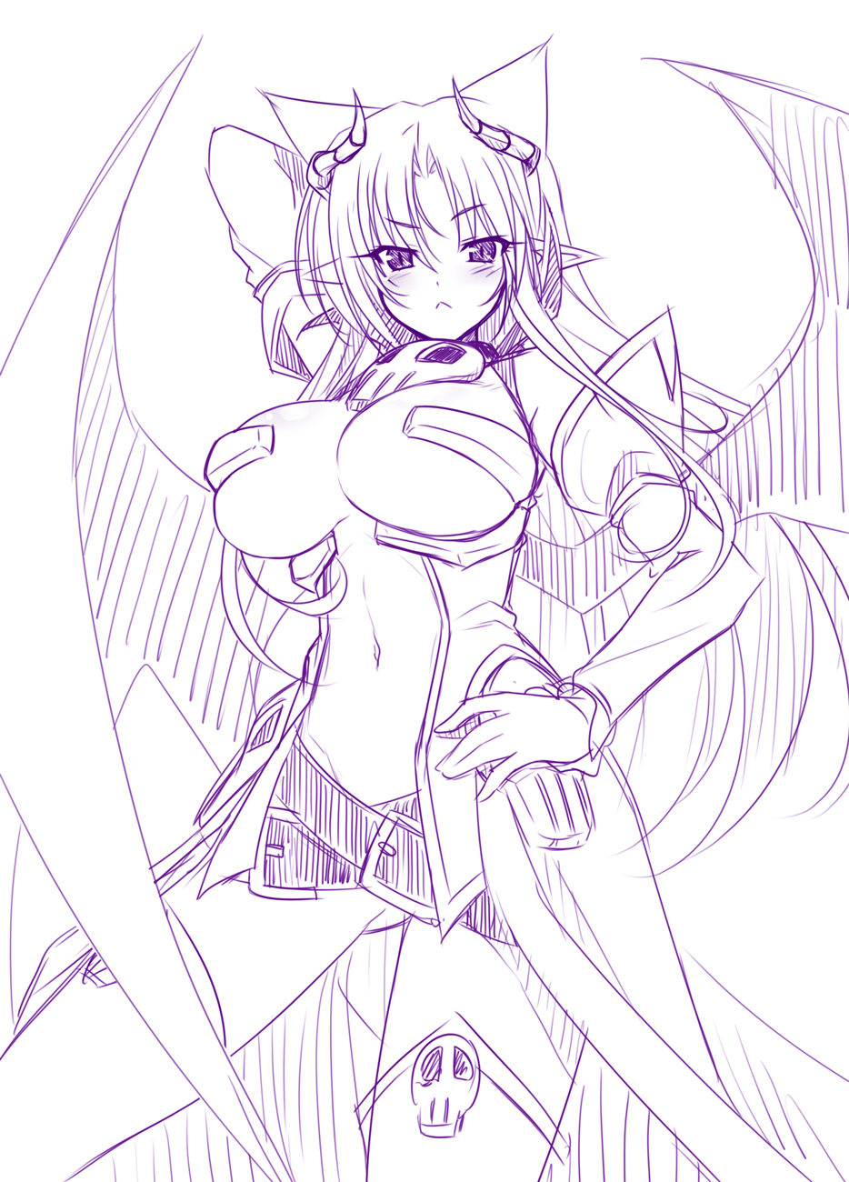breasts hand_on_hip highres horns large_breasts long_hair looking_at_viewer monochrome okitakung pointy_ears simple_background sketch solo very_long_hair white_background wings
