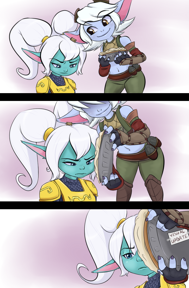 2016 armor bandlebro_(artist) belt blue_eyes blue_skin clothed clothing comic explosives female food grenade hair happy league_of_legends navel pants pie pigtails poppy_(lol) riot_games sad tristana_(lol) video_games weapon white_hair yellow_eyes yordle