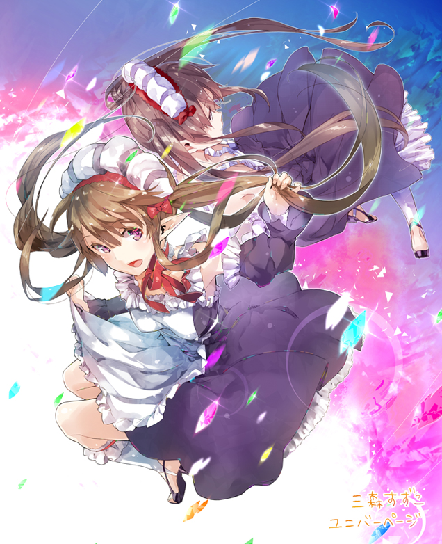 apron brown_hair character_request detached_sleeves elf frills long_hair maid maid_headdress multiple_girls myucel_foalan outbreak_company pointy_ears purple_eyes ribbon skirt smile twintails yuugen