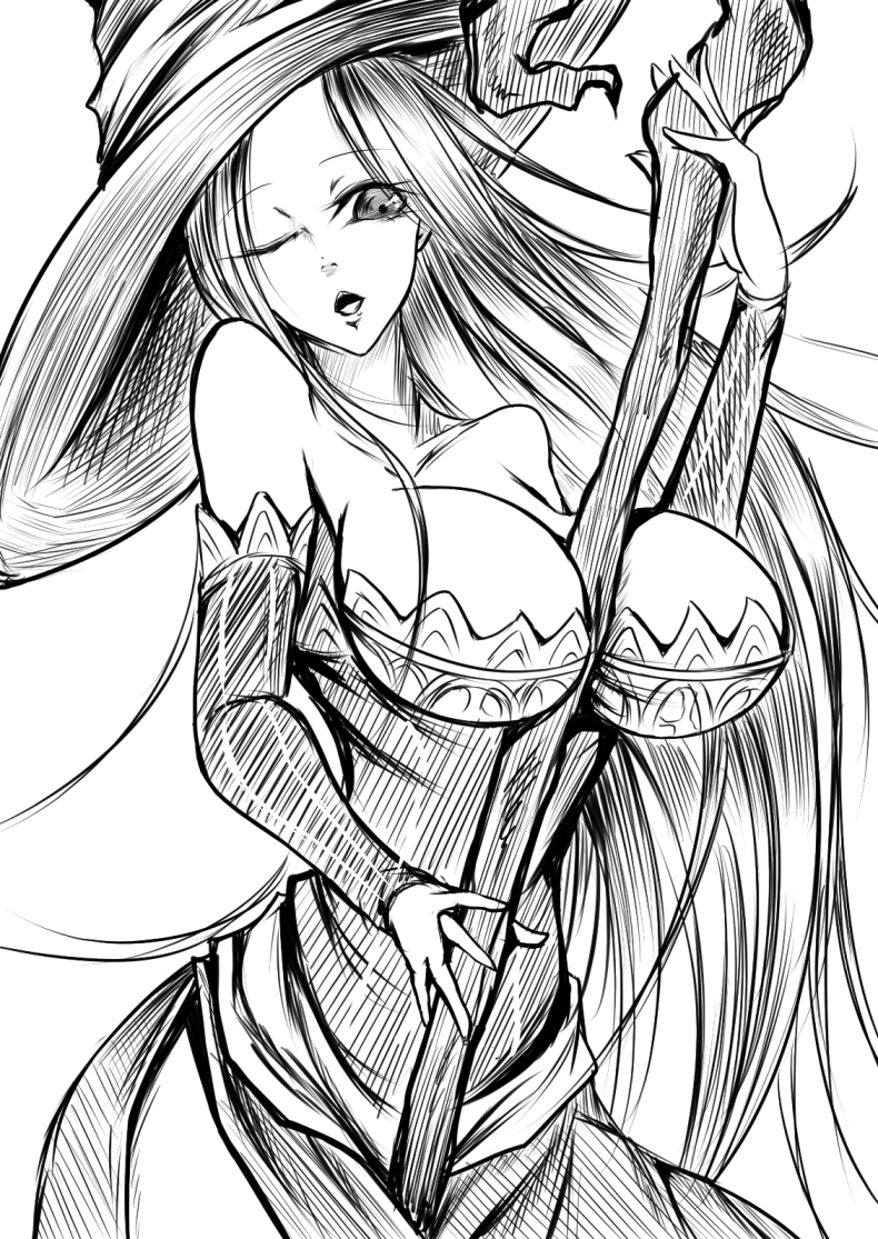 1girl between_breasts breasts cleavage dragon's_crown dragon's_crown female hat large_breasts long_hair monochrome open_mouth sangyou_haikibutsu_(turnamoonright) solo sorceress_(dragon's_crown) sorceress_(dragon's_crown) staff wink witch witch_hat