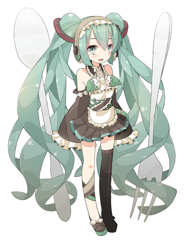 chitetan detached_sleeves fork green_eyes green_hair hatsune_miku headphones long_hair maid simple_background single_thighhigh skirt sleeves_past_wrists solo spoon thighhighs twintails very_long_hair vocaloid white_background