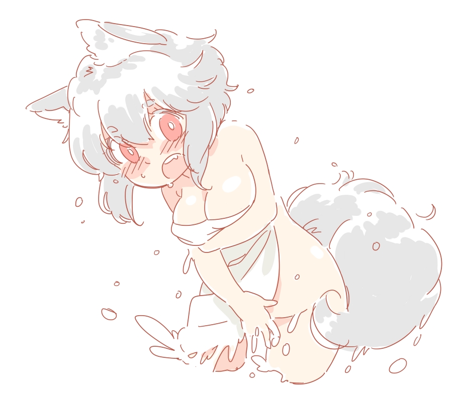 animal_ears blush breasts covering covering_crotch inubashiri_momiji large_breasts mitsumoto_jouji nude_cover open_mouth red_eyes short_hair silver_hair simple_background sketch solo tail touhou towel white_background wolf_ears wolf_tail