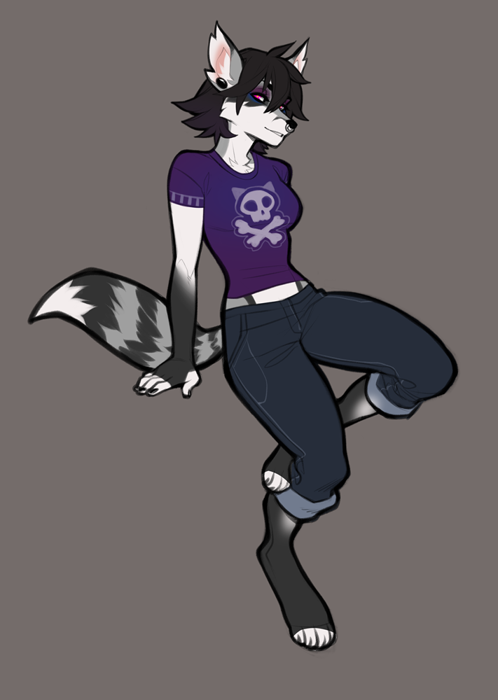anthro black_hair black_nose breasts canid canine clothed clothing ear_piercing facial_piercing female fingerless_(marking) fully_clothed fur hair mammal nose_piercing piercing pink_eyes septum_piercing simple_background smile solo spearfrost toeless_(marking)