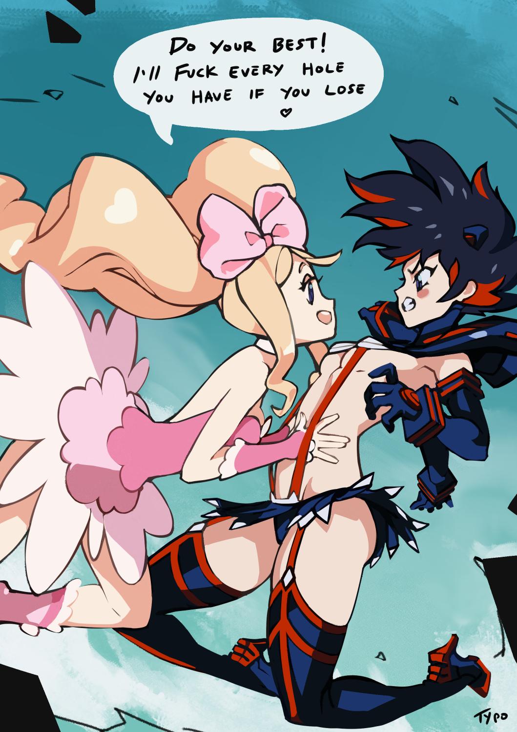 2girls bared_teeth big_hair black_hair blonde_hair blue_eyes blush_stickers boots bow breasts commentary dress drill_hair english_commentary english_text garter_straps hair_bow hairpods hands_on_another's_stomach harime_nui high_heel_boots high_heels highres kill_la_kill matoi_ryuuko medium_breasts microskirt midriff multicolored_hair multiple_girls pink_dress profanity rape_face red_hair revealing_clothes short_hair sideways_mouth skirt strapless strapless_dress suspenders thigh_boots thighhighs twin_drills twintails two-tone_hair typo_(requiemdusk) underboob yuri