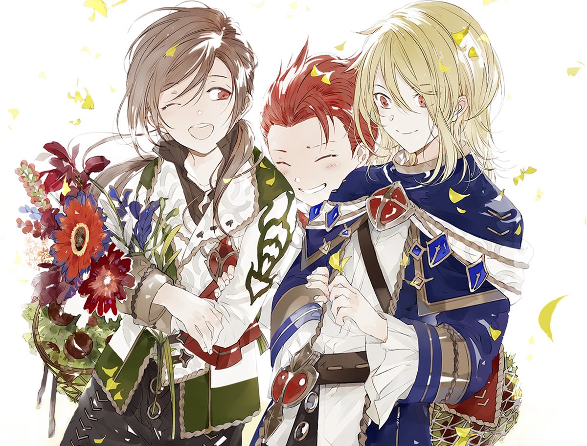 3boys aglovale_(granblue_fantasy) blonde_hair blush brothers brown_hair child eyes_closed flower granblue_fantasy lamorak_(granblue_fantasy) long_hair looking_at_another male_focus multiple_boys percival_(granblue_fantasy) red_eyes red_hair siblings smile suou younger