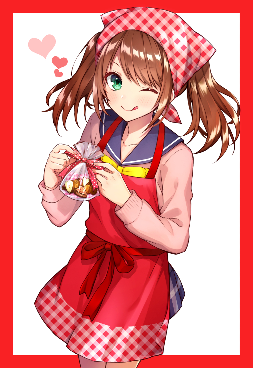 1boy ;q akariko apron bangs blue_sailor_collar blue_skirt blush border bow closed_mouth commentary_request cookie cowboy_shot eyebrows_visible_through_hair food green_eyes head_scarf heart highres holding idolmaster idolmaster_side-m long_hair long_sleeves looking_at_viewer miniskirt mizushima_saki neckerchief one_eye_closed pink_ribbon pink_shirt plaid plaid_skirt polka_dot_ribbon red_apron red_border red_ribbon ribbon sailor_collar school_uniform serafuku shirt sidelocks simple_background skirt solo tongue tongue_out twintails valentine white_background yellow_bow yellow_neckwear
