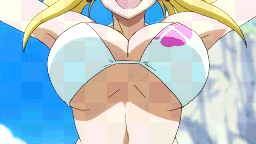 animated animated_gif bikini blonde_hair bouncing_breasts breasts breasts_apart brown_eyes cleavage fairy_tail large_breasts long_hair lowres lucy_heartfilia smile solo swimsuit twintails white_bikini