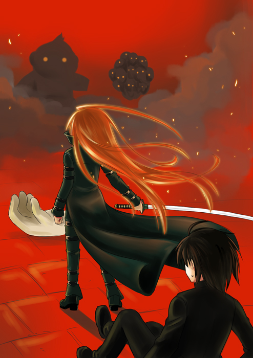 1girl from_behind long_hair okitakung red_hair rinne sakai_yuuji shakugan_no_shana shana sword weapon