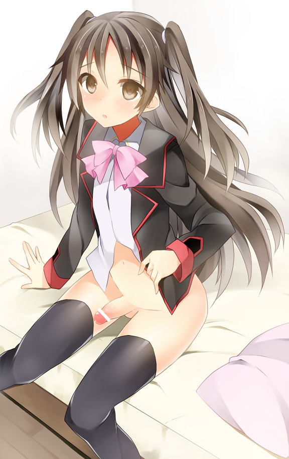 bad_id bad_pixiv_id bed blazer bottomless bow brown_eyes brown_hair crossdressing jacket little_busters! long_hair male_focus mimoton naoe_riki navel otoko_no_ko penis pillow pink_bow school_uniform solo thighhighs two_side_up