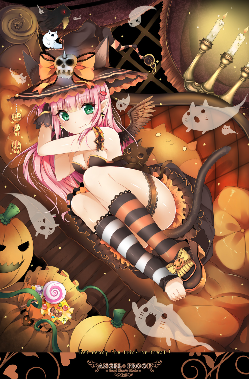 :3 animal_ears arm_garter bare_shoulders bird blush breasts candle candy cat cat_ears cat_tail cleavage crow earrings fang food ghost green_eyes hair_ornament hairclip halloween hat highres jack-o'-lantern jewelry lace lace-trimmed_socks leg_garter lightning_bolt_earrings long_hair looking_at_viewer lying medium_breasts mismatched_legwear on_side original pink_hair sack shoes single_shoe smile striped striped_legwear tail toeless_legwear usagihime witch_hat