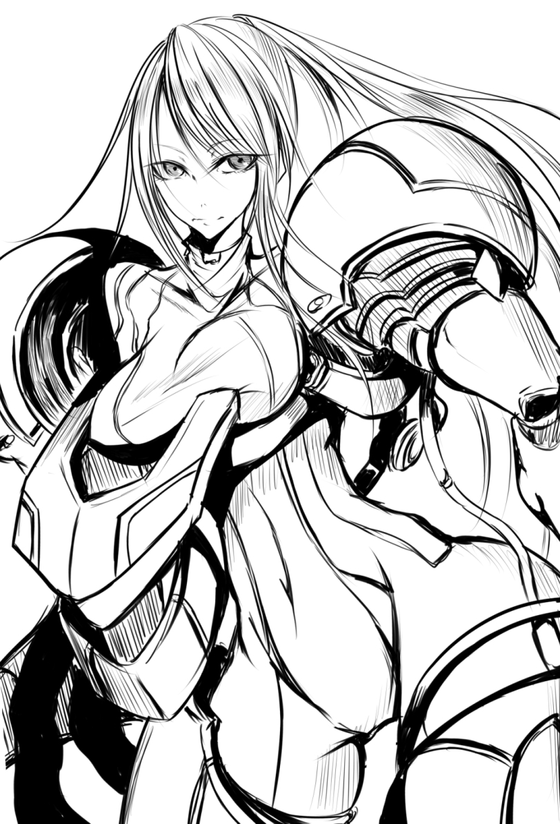 1girl armor long_hair looking_at_viewer metroid monochrome nintendo samus_aran sangyou_haikibutsu_(turnamoonright) tagme zero_suit