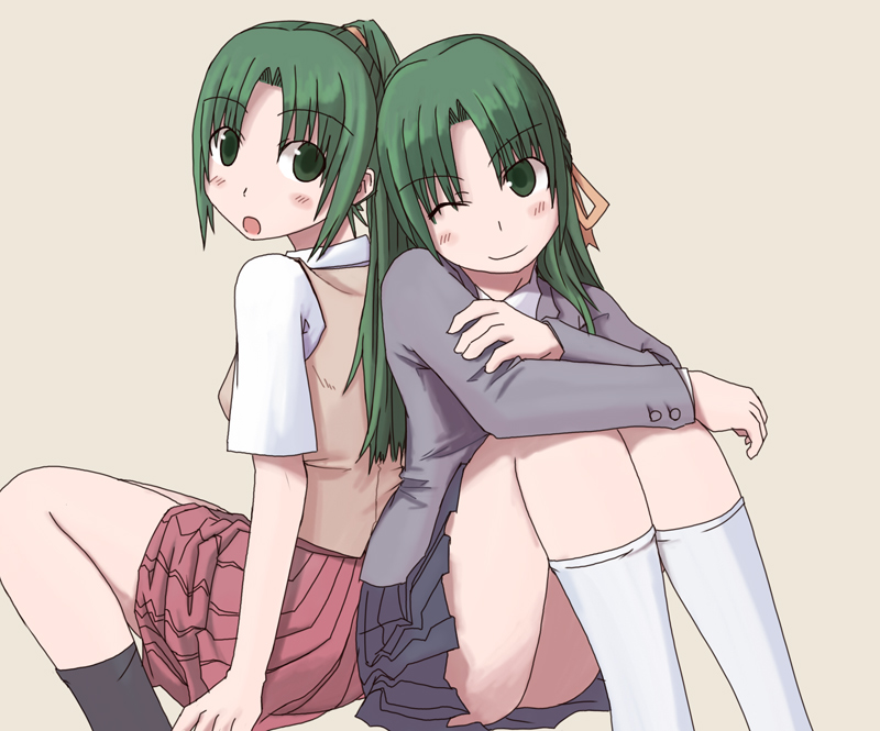 808 ass back-to-back blazer blush green_eyes green_hair hair_ribbon half_updo higurashi_no_naku_koro_ni jacket kneehighs long_hair looking_at_another multiple_girls one_eye_closed open_mouth pleated_skirt ponytail ribbon school_uniform short_sleeves siblings sisters sitting skirt smile sonozaki_mion sonozaki_shion twins very_long_hair vest