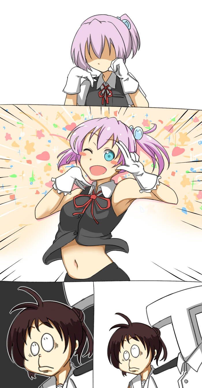 2girls :d adapted_costume admiral_(kantai_collection) ahoge arito_arayuru bad_id bad_pixiv_id bare_shoulders blue_eyes brown_hair comic dancing double_bun gloves hair_ornament highres kantai_collection midriff mizuki_shigeru_(style) multiple_girls naka_(kantai_collection) navel neck_ribbon one_eye_closed open_mouth parody ponytail purple_hair red_ribbon ribbon school_uniform serafuku shaded_face shiranui_(kantai_collection) short_ponytail smile style_parody white_gloves