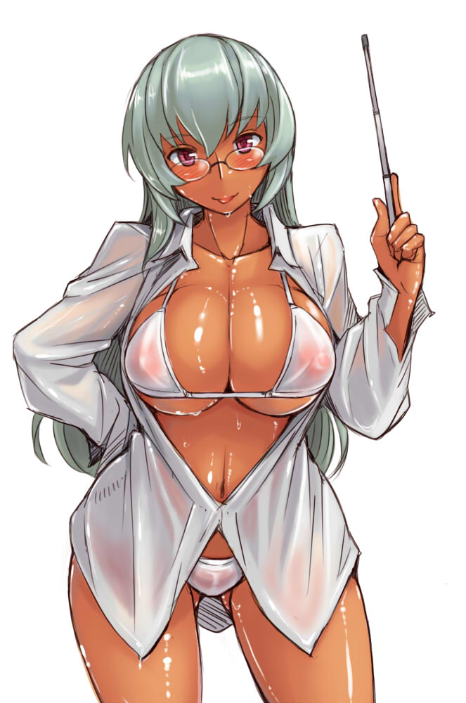 areolae ass_visible_through_thighs bikini blush breasts cleavage contrapposto dress_shirt glasses hand_on_hip head_tilt large_breasts long_hair looking_at_viewer open_clothes open_shirt pointer red_eyes rozen_maiden see-through shiny shiny_skin shirt silver_hair smile solo standing suigintou swimsuit tan tsuda_nanafushi