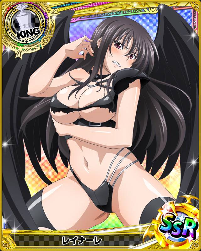 artist_request black_legwear black_wings blush boots breasts card_(medium) character_name chess_piece clenched_teeth high_school_dxd king_(chess) large_breasts navel non-web_source official_art pauldrons raynare red_eyes solo teeth thigh_boots thighhighs torn_clothes trading_card wings