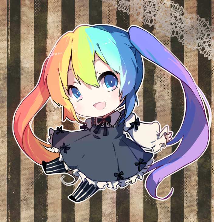 alternate_costume blue_eyes hatsune_miku long_hair multicolored multicolored_hair open_mouth rainbow_hair ribbon shuzi smile twintails vocaloid