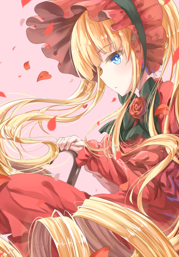 bad_id bad_pixiv_id blonde_hair blue_eyes bow dress flower hat long_hair long_sleeves petals pink_background ponytail red_dress red_flower red_rose rose rozen_maiden shinku solo transistor very_long_hair