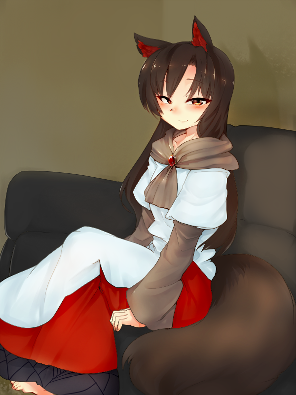 animal_ears blush brown_hair couch dress imaizumi_kagerou long_hair looking_at_viewer mizuga red_eyes sitting smile solo tail touhou wolf_ears wolf_tail