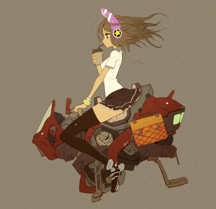 bad_id bad_pixiv_id black_legwear bracelet brown_hair cup disposable_cup grey_background headphones hover_bike jewelry ladic long_hair miniskirt original riding simple_background skirt solo thighhighs zettai_ryouiki