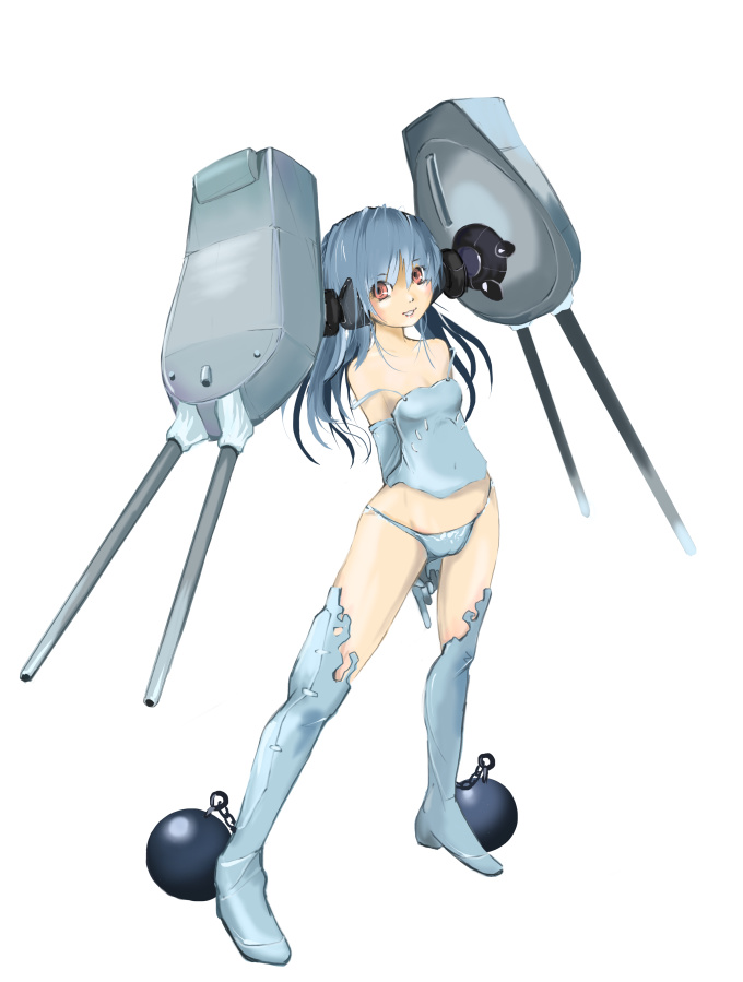 arms_behind_back ball_and_chain_restraint bare_shoulders battleship blue_hair gun hms_royal_sovereign long_hair mecha_musume military military_vehicle nano original personification ship simple_background solo strap_slip string_panties turret warship watercraft weapon white_background