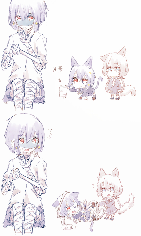 /\/\/\ 3girls animal_ear_fluff animal_ears bandage bandaged_arm bandaged_hands bandaged_head bandaged_leg bandages blue_eyes blue_hair cat_ears cat_tail chibi directional_arrow dual_persona flying_sweatdrops grey_hair grey_skin hair_ornament konno_junko minigirl mizuno_ai multiple_girls niboshi_(1846525664) one_eye_closed red_eyes school_uniform serafuku short_hair short_hair_with_long_locks simple_background tail tangle translation_request white_background zombie zombie_land_saga